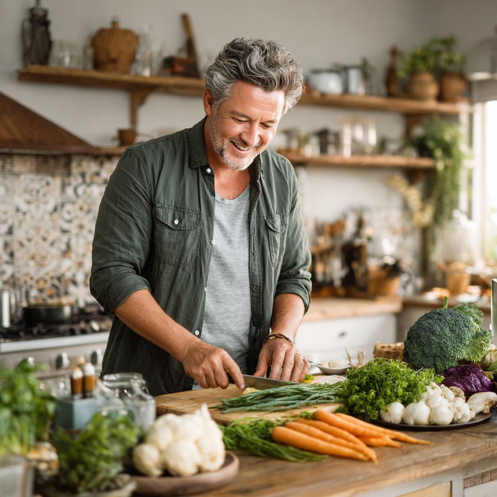 A man in his early 50s with gray temples wearing a casual button-down shirt, happily cooking in a bright kitchen with fresh vegetables and herbs on the counter