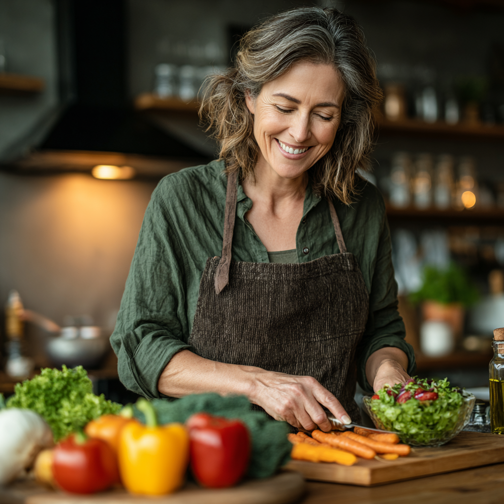 A woman in her late 40s with warm smile preparing a colorful healthy salad in a modern kitchen, surrounded by fresh vegetables and fruits on a wooden cutting board